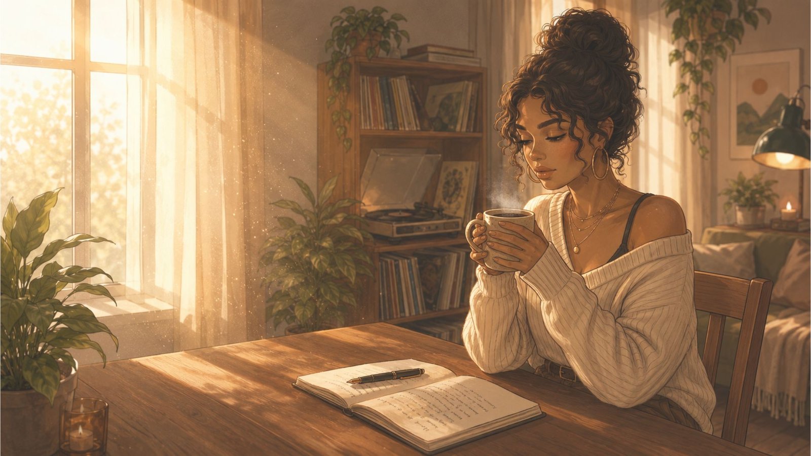 Illustration of Nora Greene at a wooden desk in warm morning light
